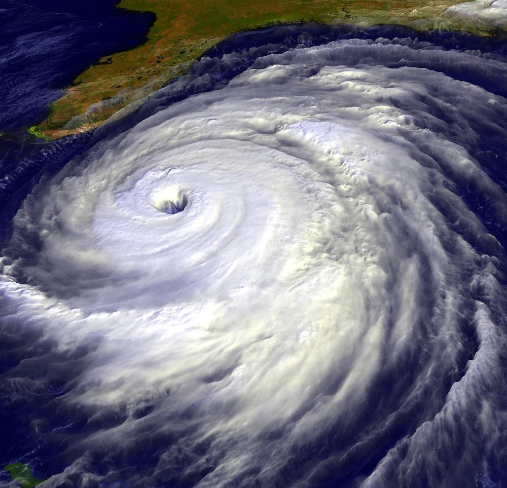 Satellite view of a major hurricane with a clearly defined eye off the Florida coastline.